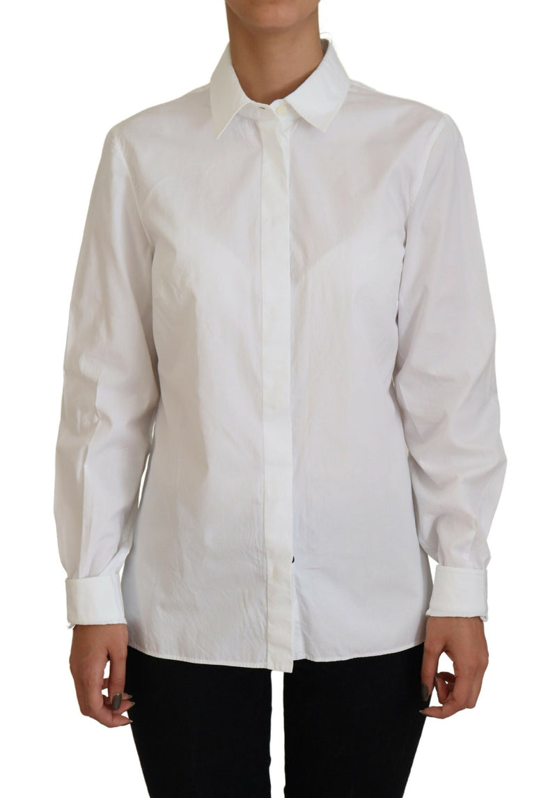 White Cotton Collared Long Sleeves Formal Top-Dolce & Gabbana-LabelTerrace.com