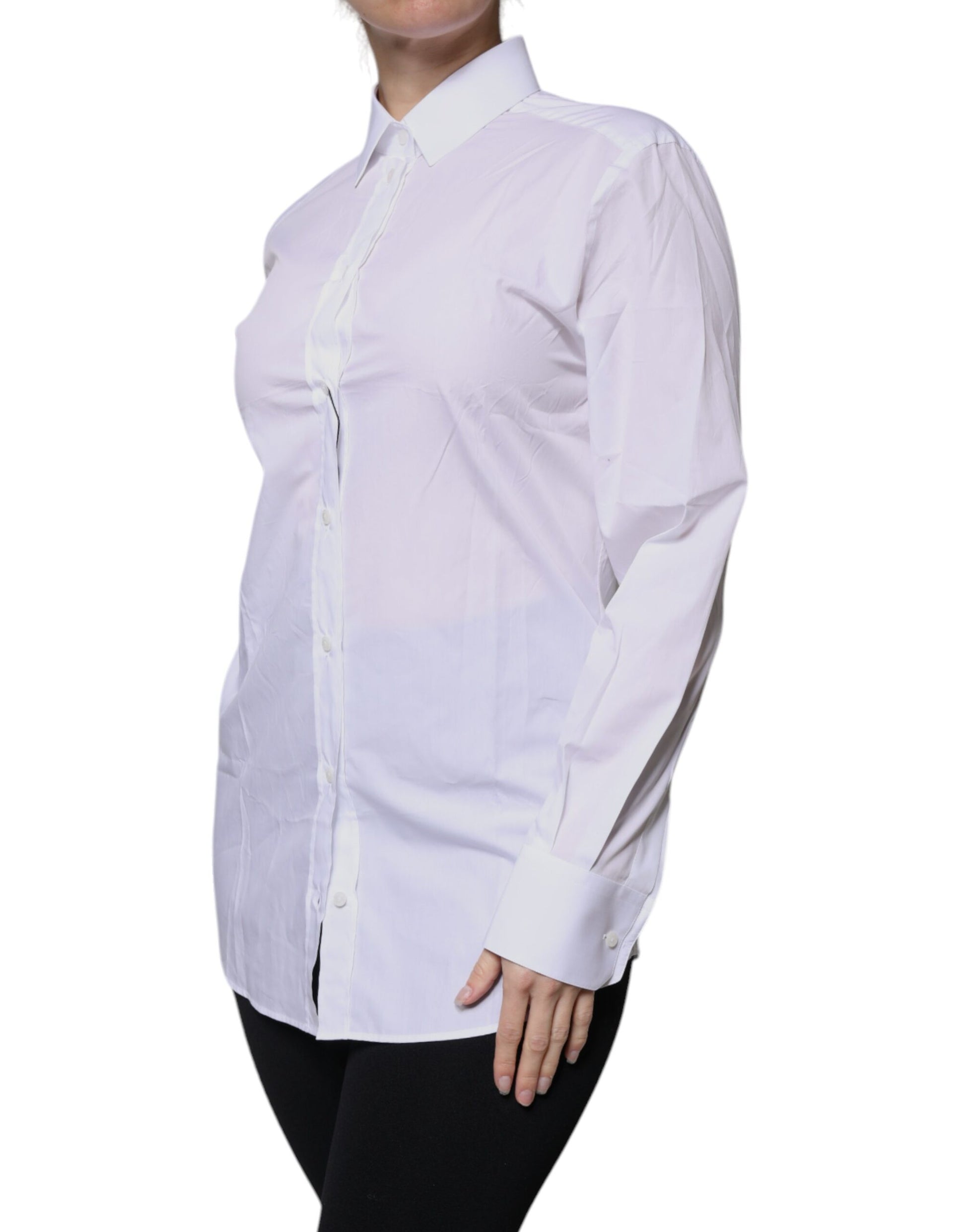 White Cotton Collared Long Sleeves Shirt Top-Dolce & Gabbana-LabelTerrace.com