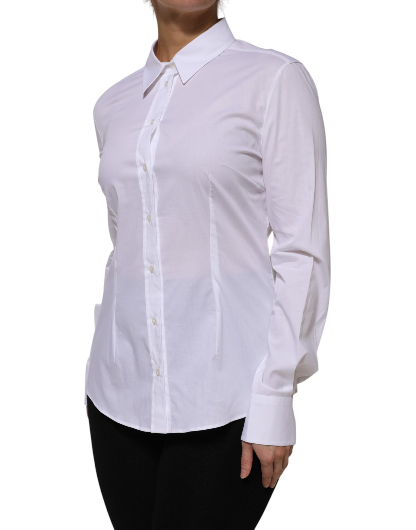White Cotton Collared Long Sleeves Shirt Top-Dolce & Gabbana-LabelTerrace.com