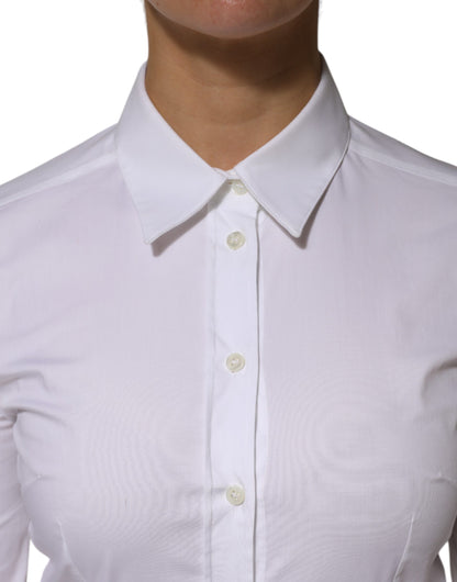 White Cotton Collared Long Sleeves Shirt Top-Dolce & Gabbana-LabelTerrace.com