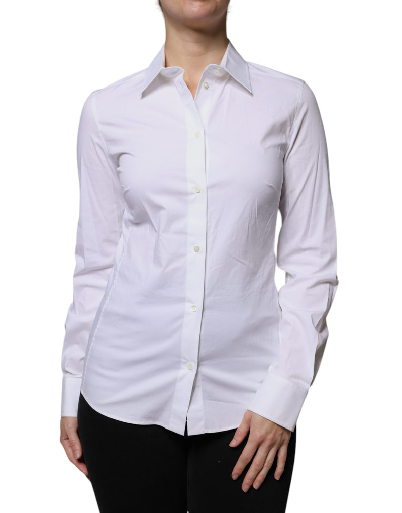 White Cotton Collared Long Sleeves Shirt Top-Dolce & Gabbana-LabelTerrace.com