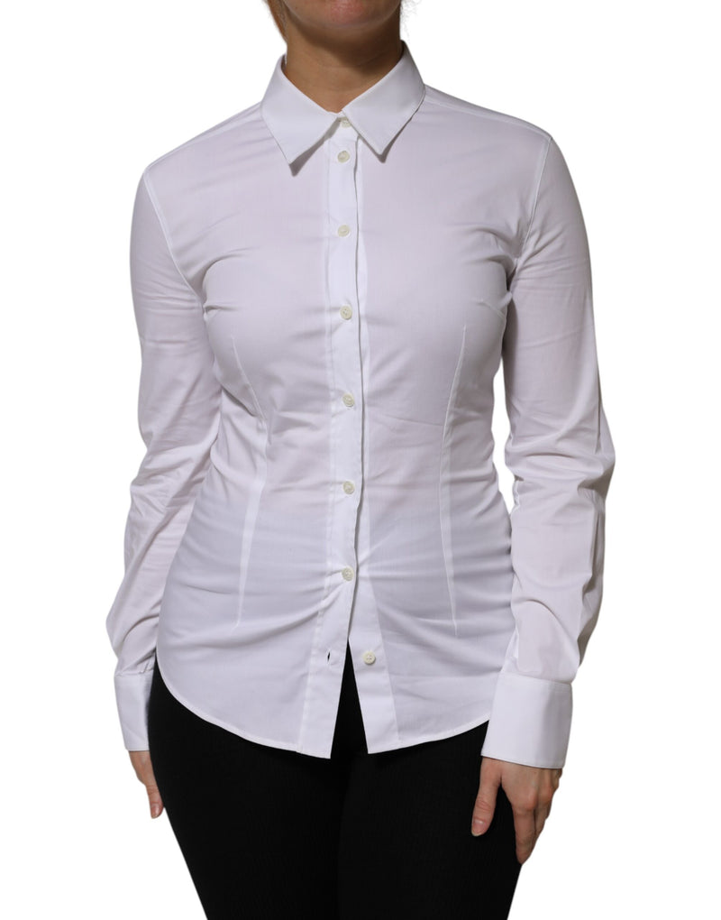 White Cotton Collared Long Sleeves Shirt Top-Dolce & Gabbana-LabelTerrace.com