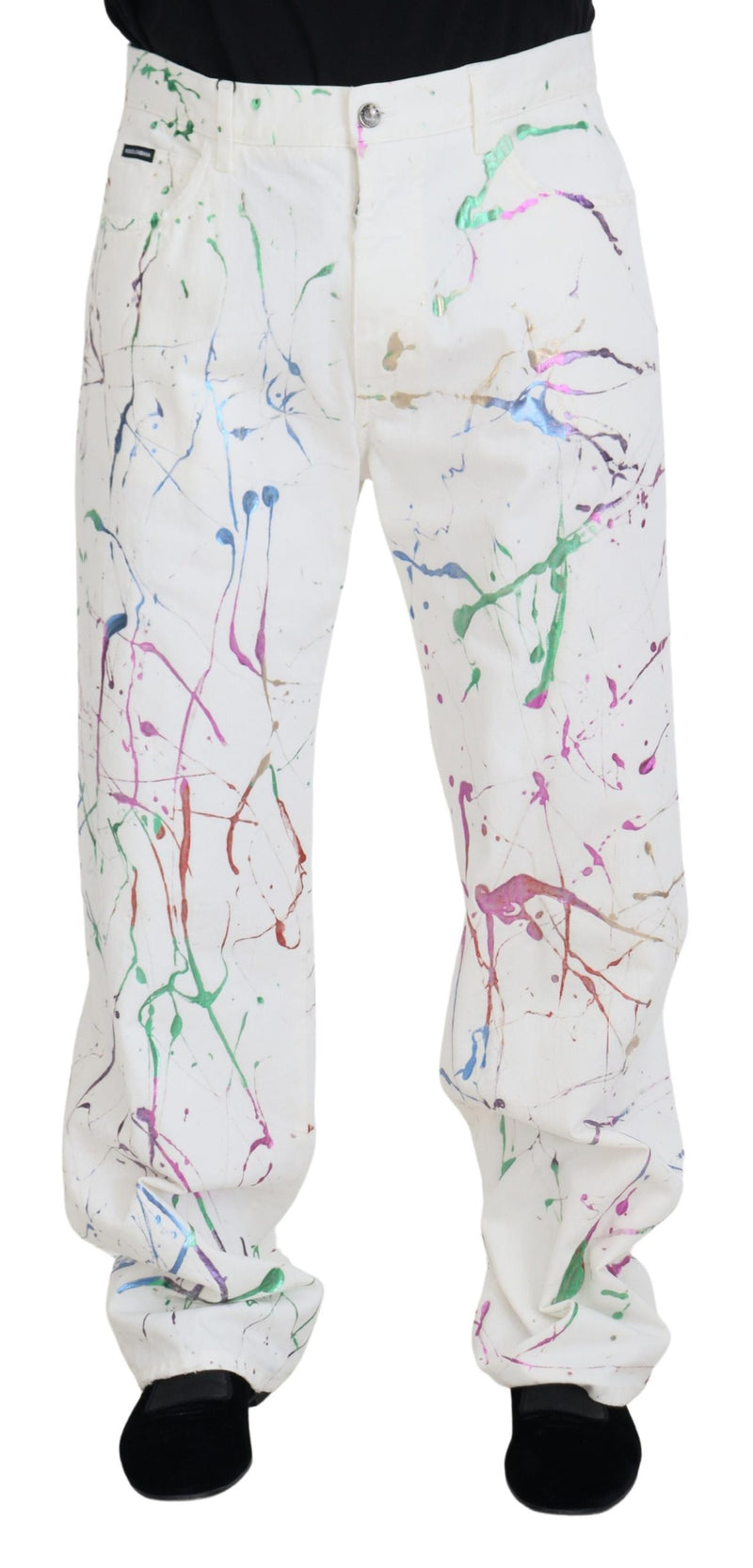 White Cotton Color Splash Print Denim Pants-Dolce & Gabbana-LabelTerrace.com