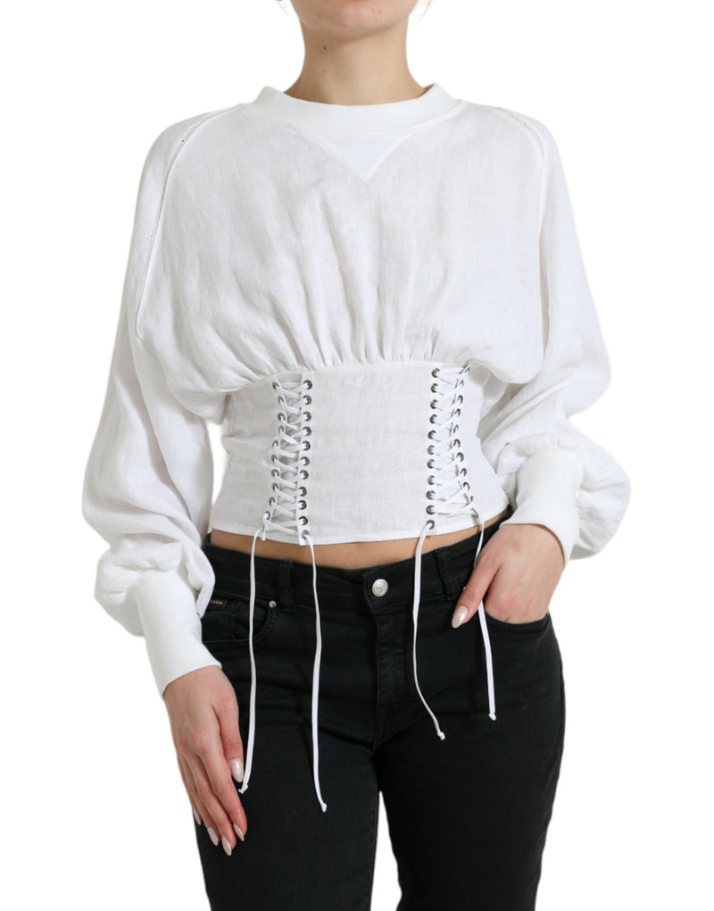 White Cotton Corset Cropped Long Sleeves Topclothing-Dolce & Gabbana-LabelTerrace.com