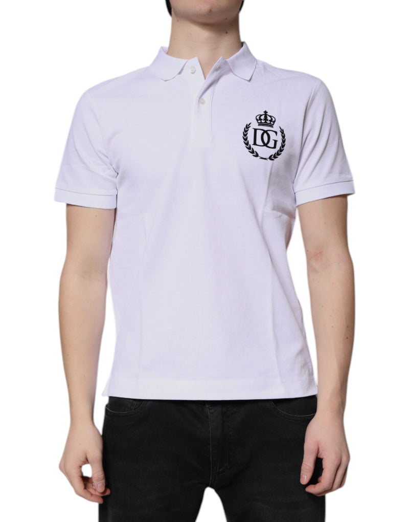 White Cotton Crown Collared Men Polo T-shirt-Dolce & Gabbana-LabelTerrace.com