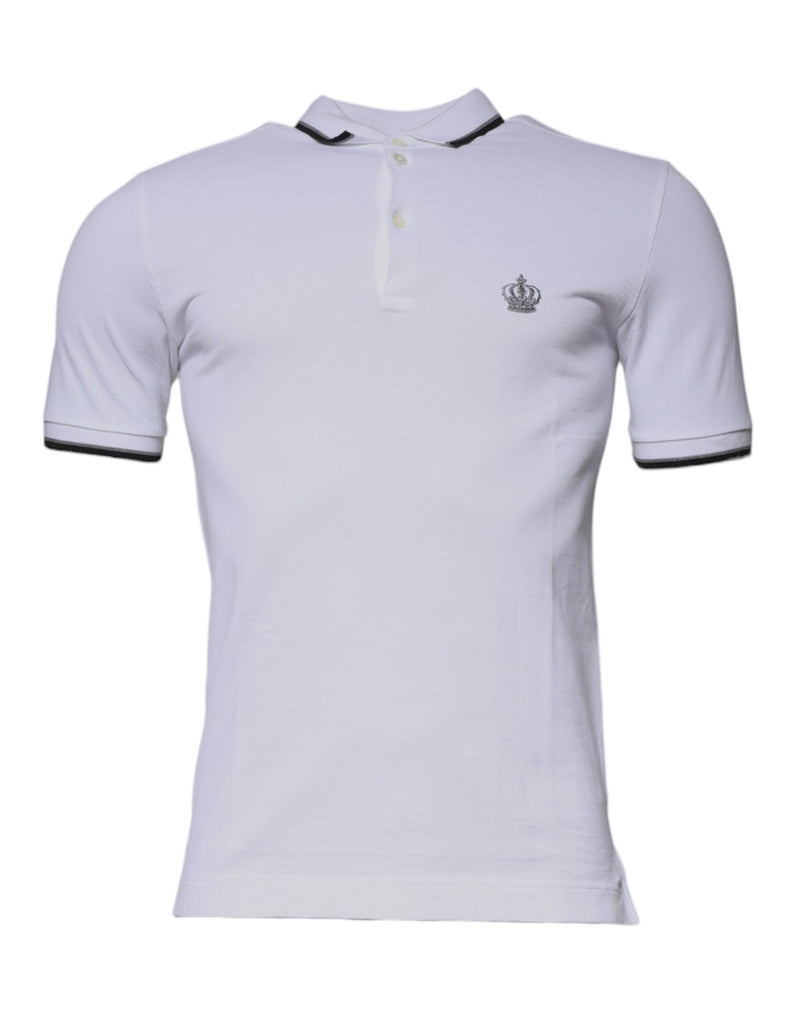 White Cotton Crown Collared Polo T-shirt-Dolce & Gabbana-LabelTerrace.com