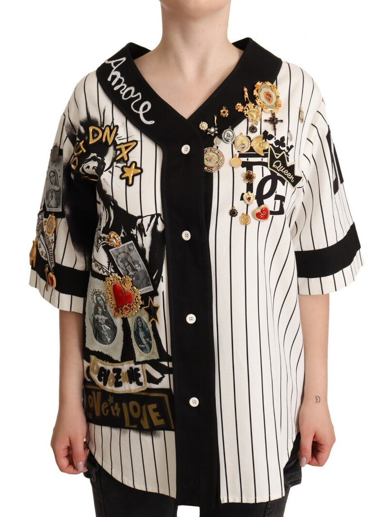 White Cotton Crystal Charms Amore Shirt-Dolce & Gabbana-LabelTerrace.com