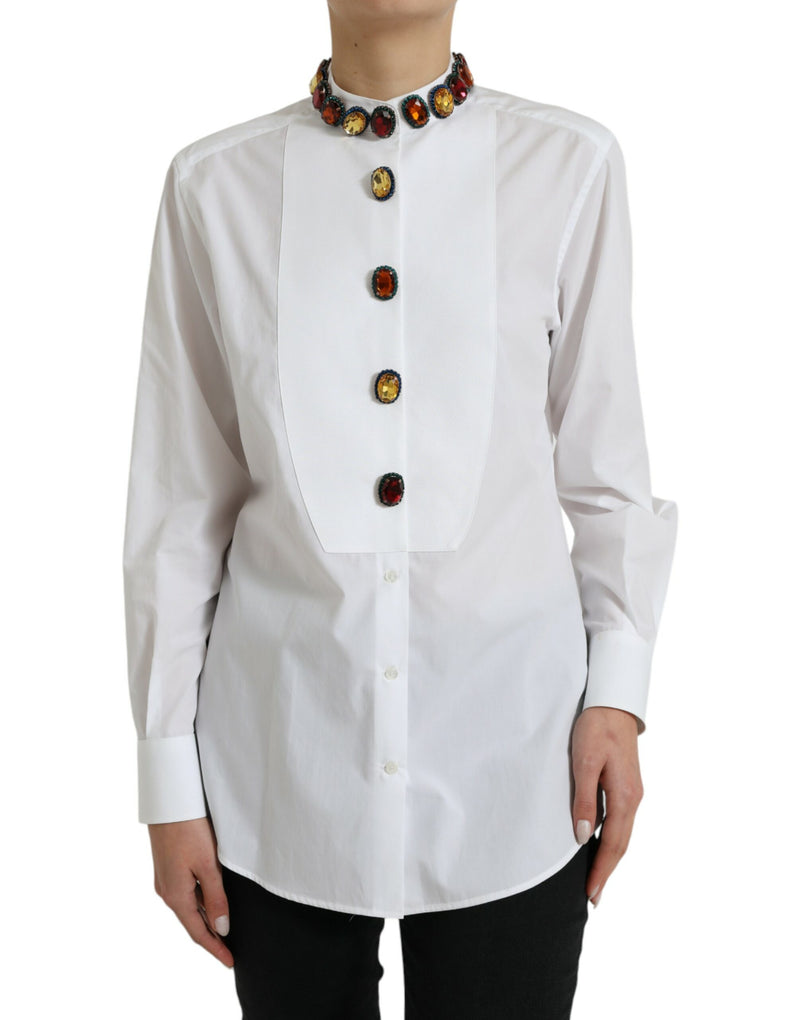 White Cotton Crystals Embellished Shirt Top-Dolce & Gabbana-LabelTerrace.com
