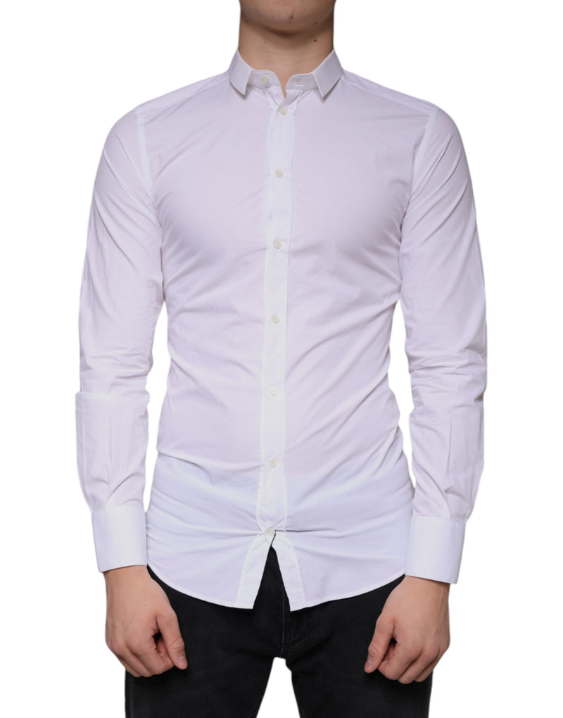 White Cotton Dress GOLD Formal Collared Shirt-Dolce & Gabbana-LabelTerrace.com