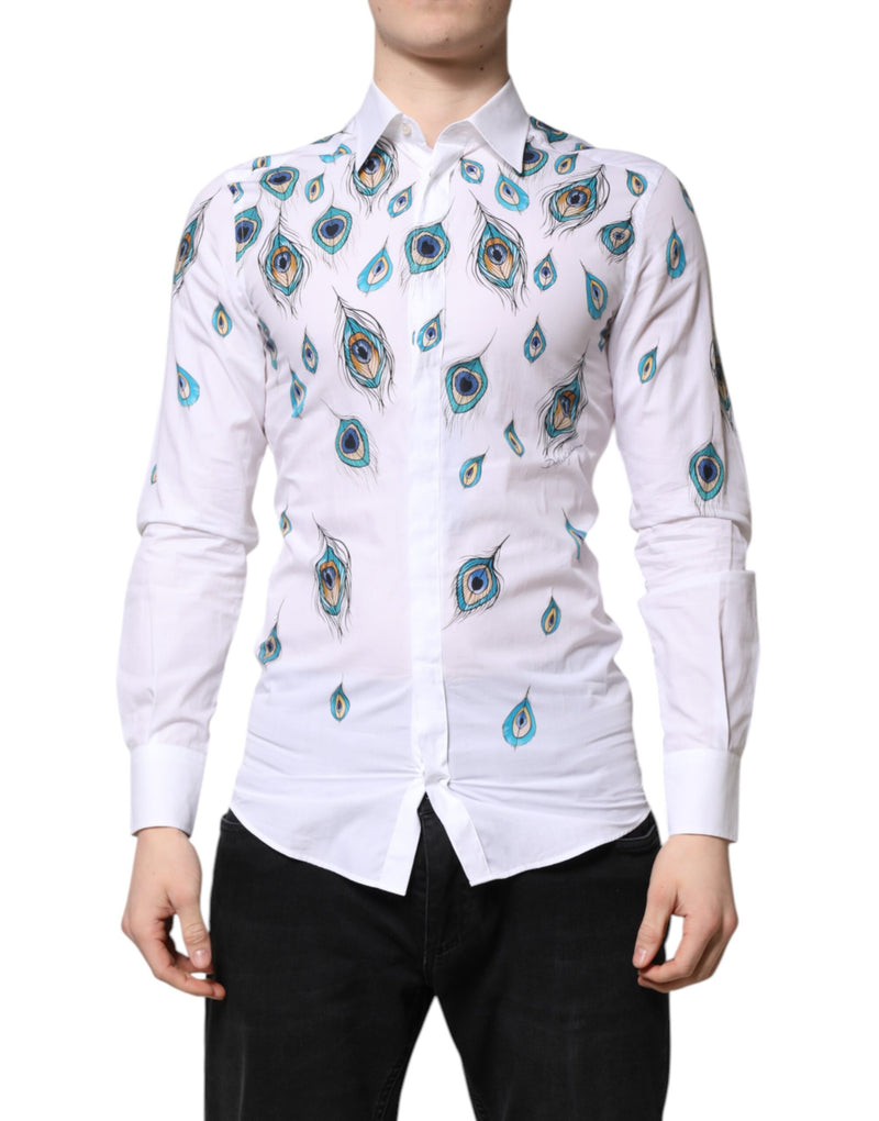 White Cotton Feather Print GOLD Dress Shirt-Dolce & Gabbana-LabelTerrace.com