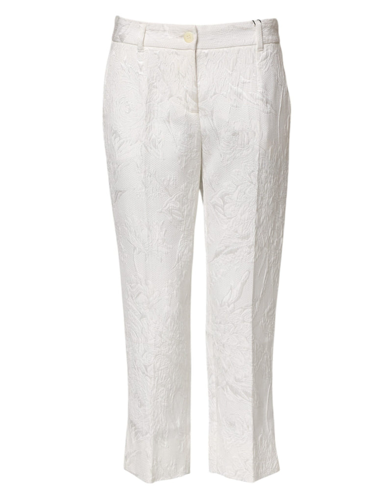 White Cotton Floral Jacquard Pants-Dolce & Gabbana-LabelTerrace.com