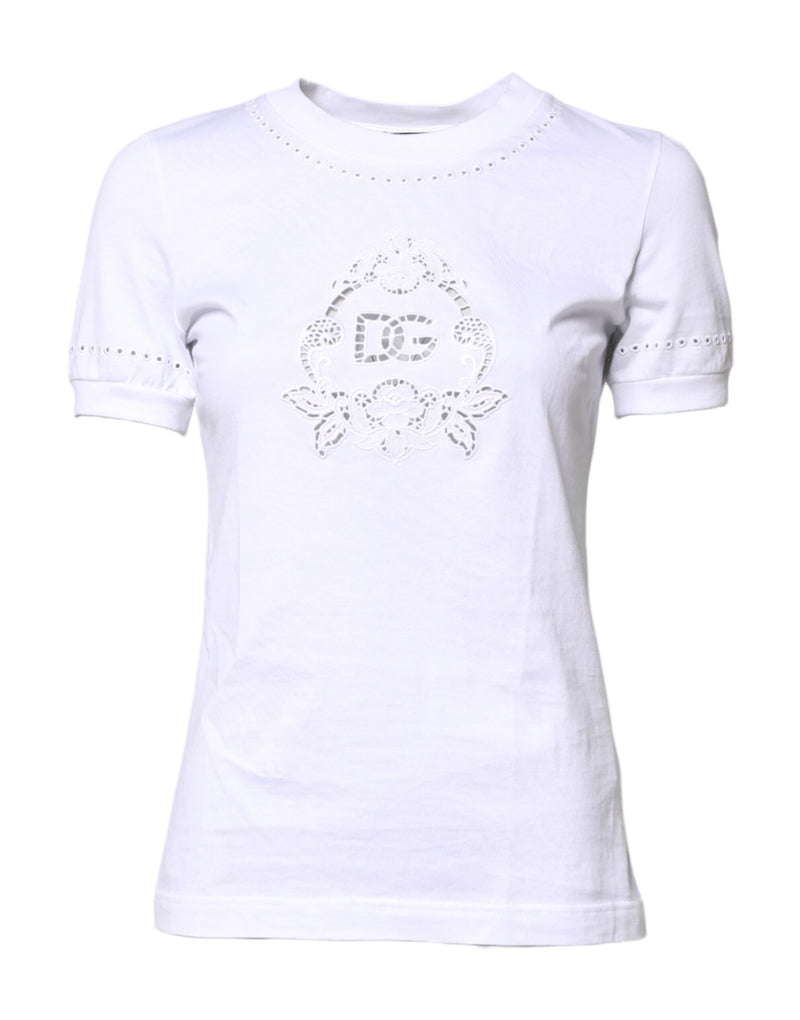 White Cotton Floral Logo Crew Neck T-shirt-Dolce & Gabbana-LabelTerrace.com