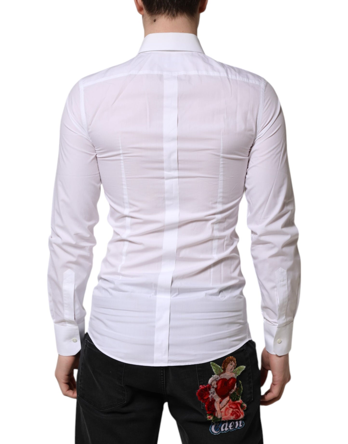 White Cotton GOLD Long Sleeve Men Dress Shirt-Dolce & Gabbana-LabelTerrace.com