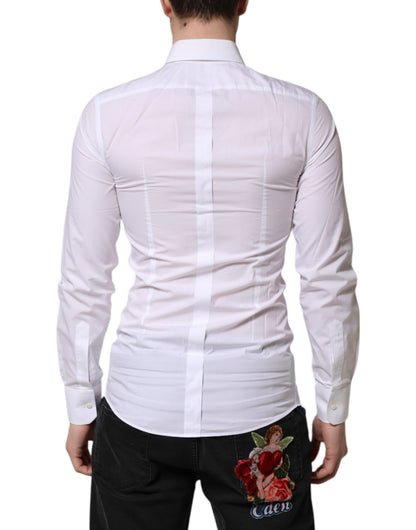 White Cotton GOLD Long Sleeve Men Dress Shirt-Dolce & Gabbana-LabelTerrace.com