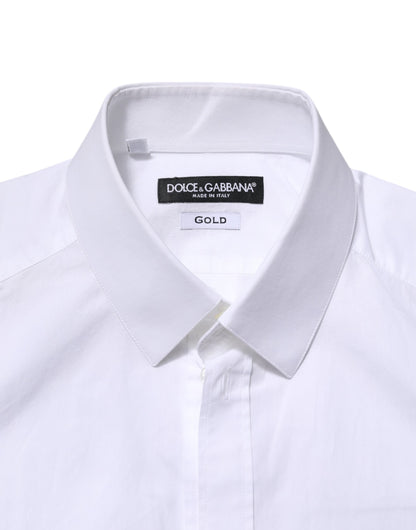 White Cotton GOLD Long Sleeve Men Dress Shirt-Dolce & Gabbana-LabelTerrace.com