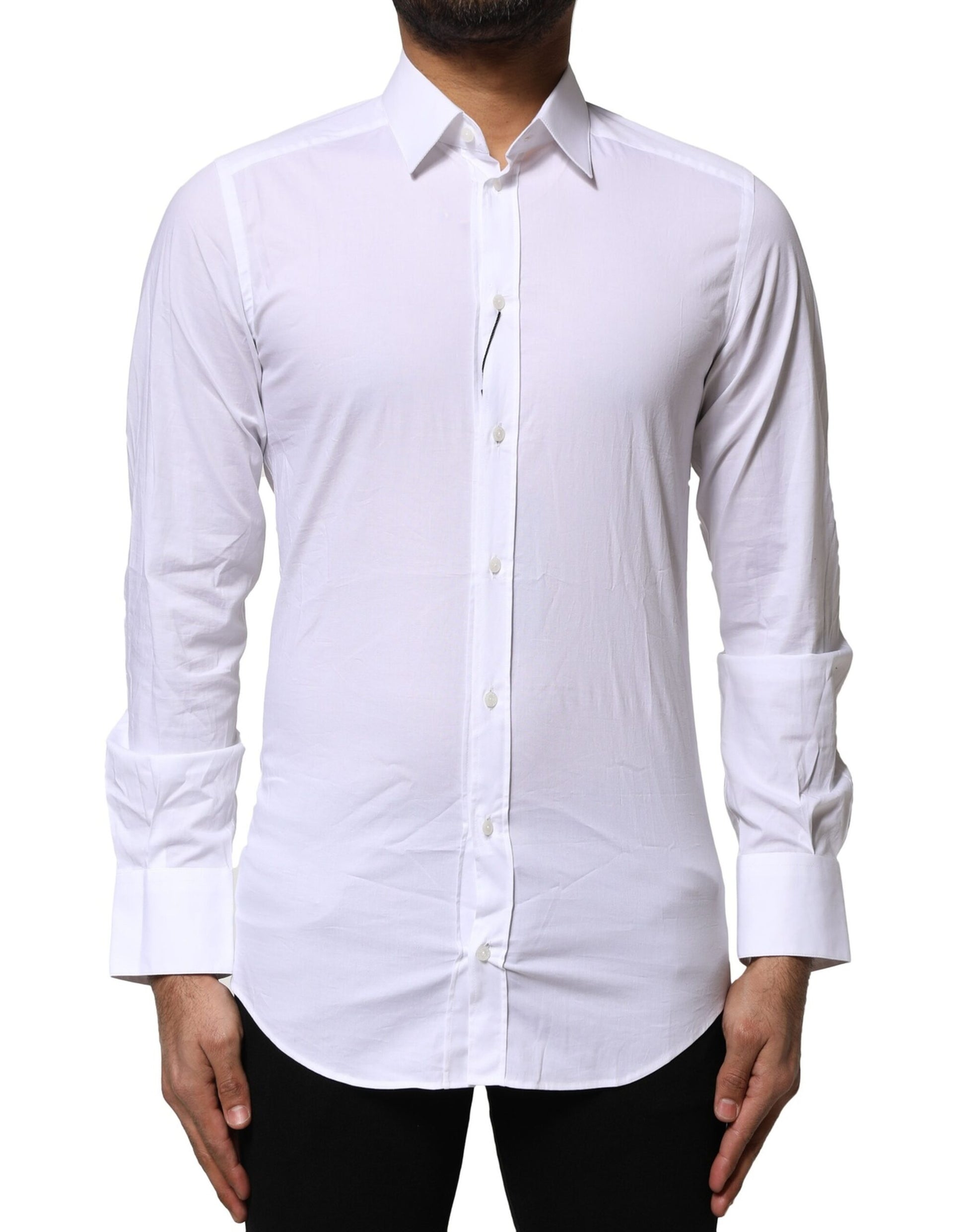 White Cotton GOLD Long Sleeves Dress Shirt-Dolce & Gabbana-LabelTerrace.com
