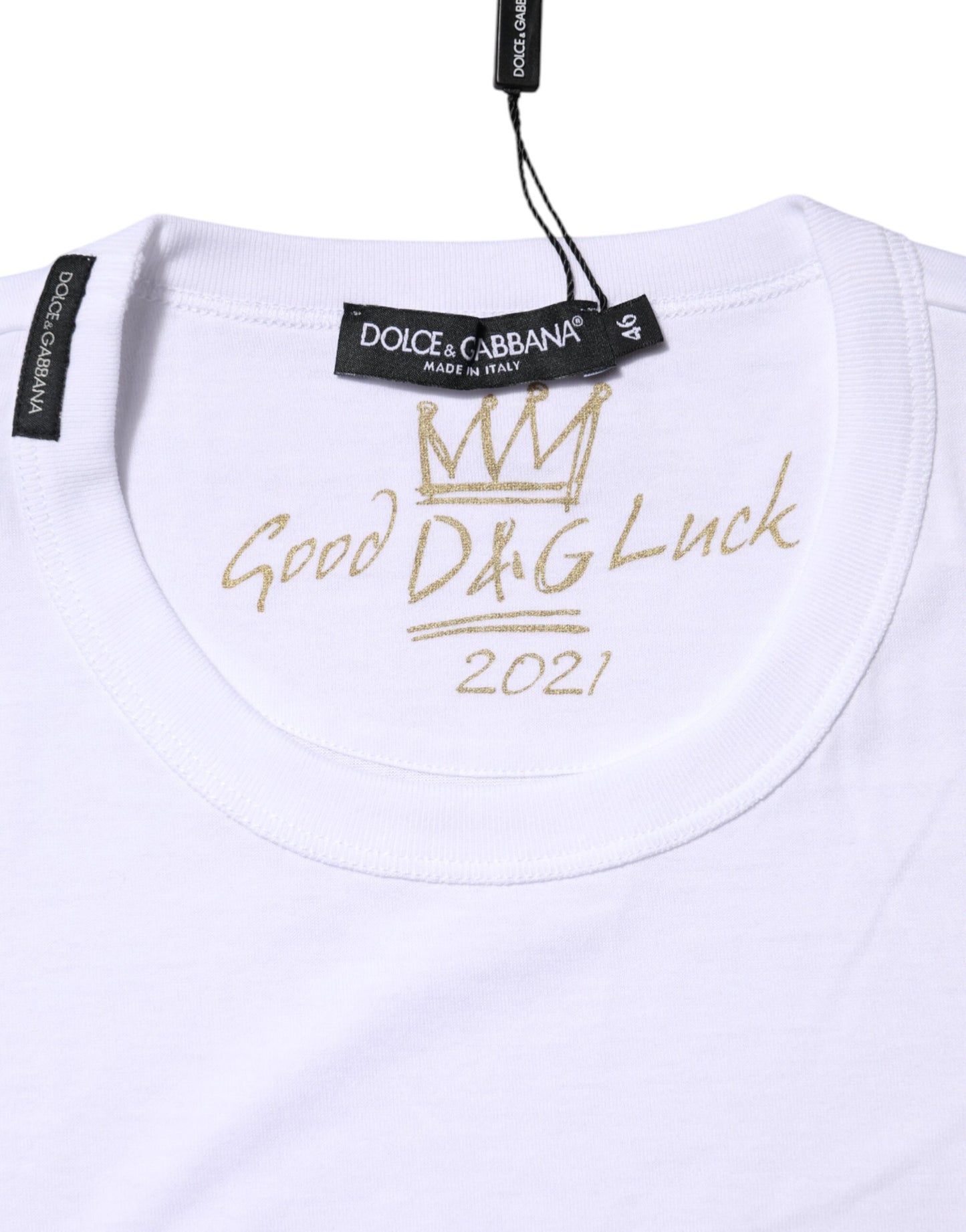 White Cotton Goodluck 2022 Crew Neck T-shirt-Dolce & Gabbana-LabelTerrace.com