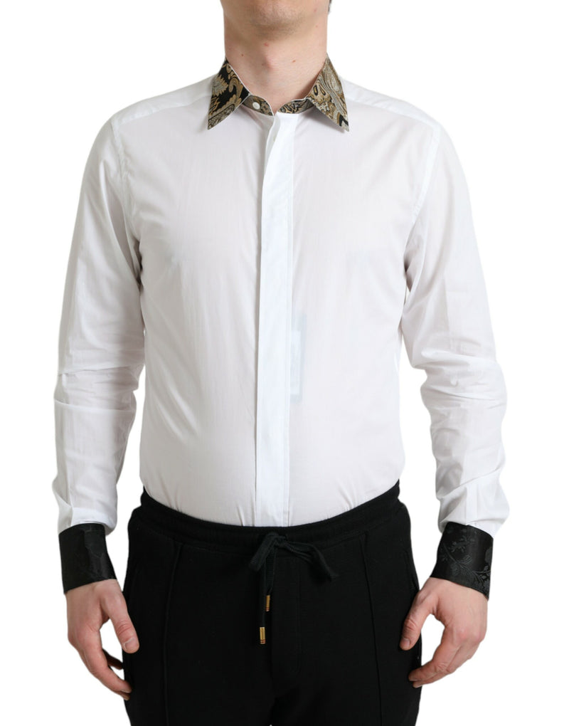 White Cotton Jacquard Formal GOLD Dress Shirt-Dolce & Gabbana-LabelTerrace.com