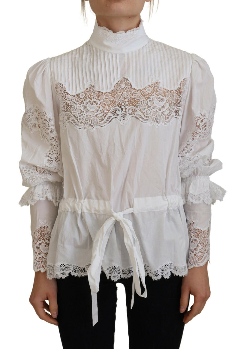 White Cotton Lace Trim Turtle Neck Blouse Top-Dolce & Gabbana-LabelTerrace.com
