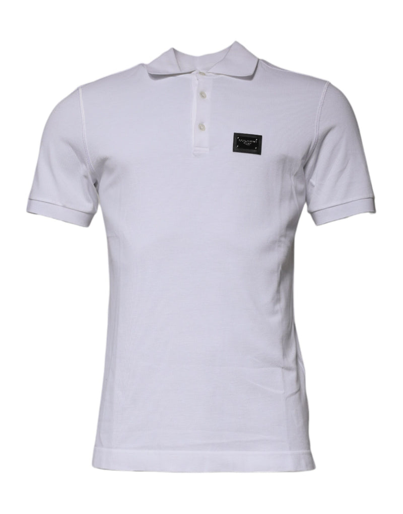 White Cotton Logo Plaque Collared Polo T-shirt-Dolce & Gabbana-LabelTerrace.com
