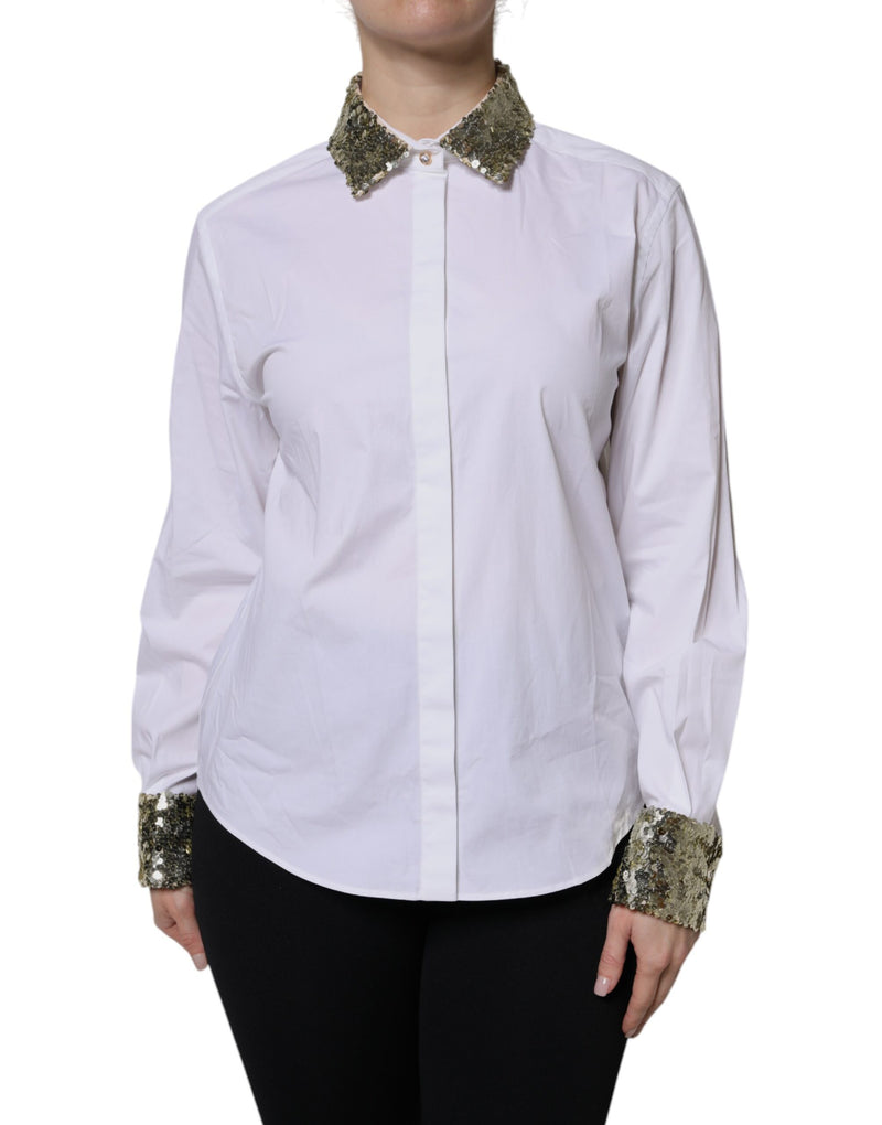 White Cotton Long Sleeves Sequin Shirt Top-Dolce & Gabbana-LabelTerrace.com