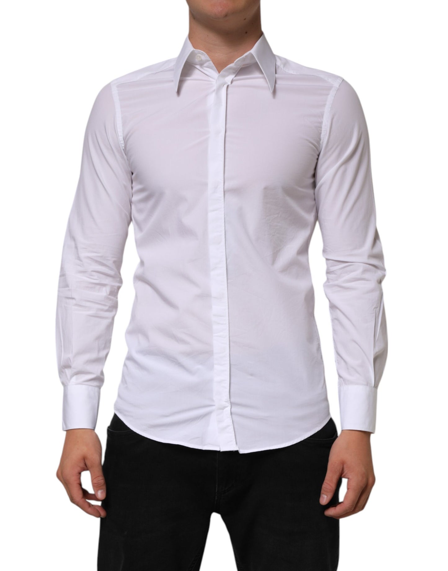White Cotton MARTINI Long Sleeve Dress Shirt-Dolce & Gabbana-LabelTerrace.com