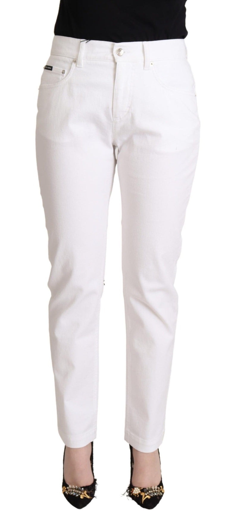 White Cotton Mid Waist Denim Tapered Jeans-Dolce & Gabbana-LabelTerrace.com
