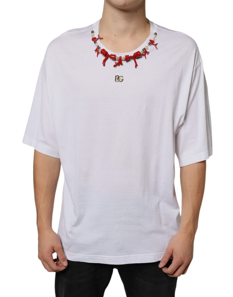 White Cotton Necklace Embellished T-shirt-Dolce & Gabbana-LabelTerrace.com