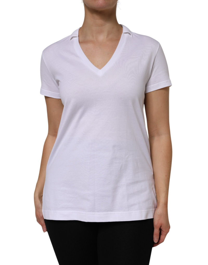 White Cotton Short Sleeve V-Neck Top T-shirt-Dolce & Gabbana-LabelTerrace.com