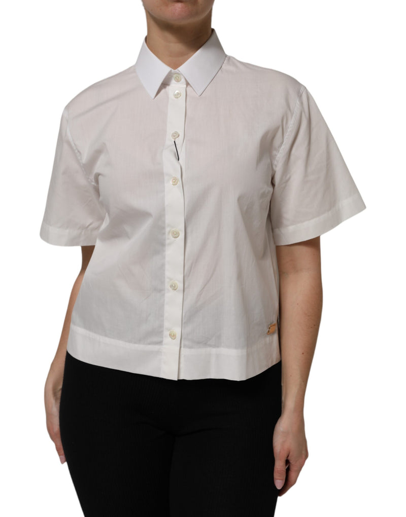 White Cotton Short Sleeves Collared Top Shirt-Dolce & Gabbana-LabelTerrace.com