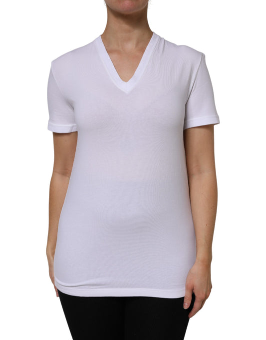 White Cotton Short Sleeves V-Neck Top T-shirt-Dolce & Gabbana-LabelTerrace.com