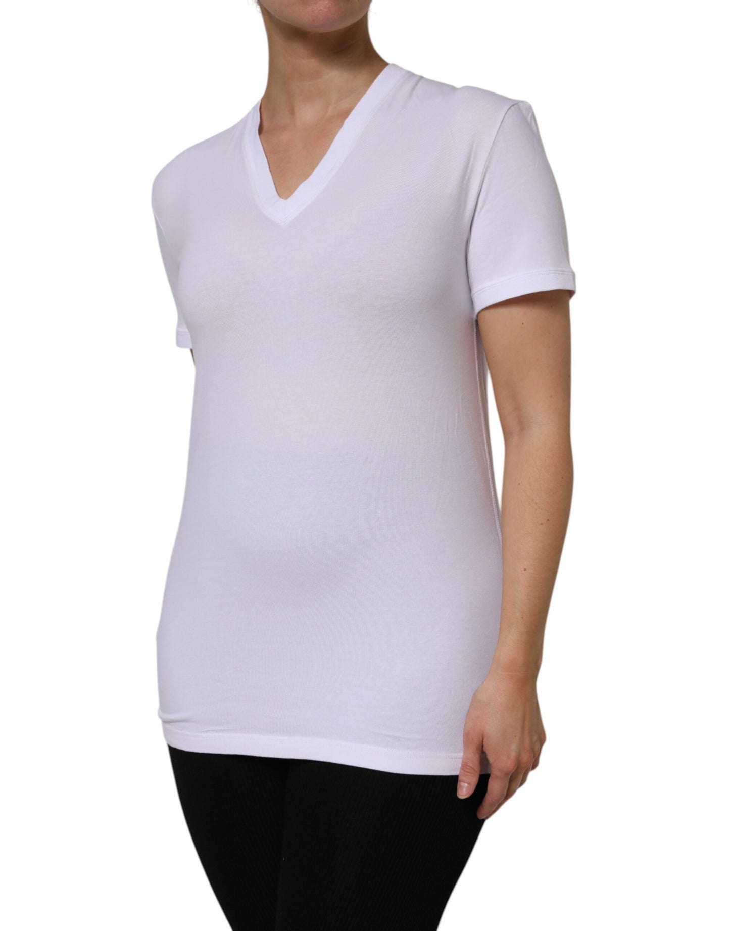 White Cotton Short Sleeves V-Neck Top T-shirt-Dolce & Gabbana-LabelTerrace.com