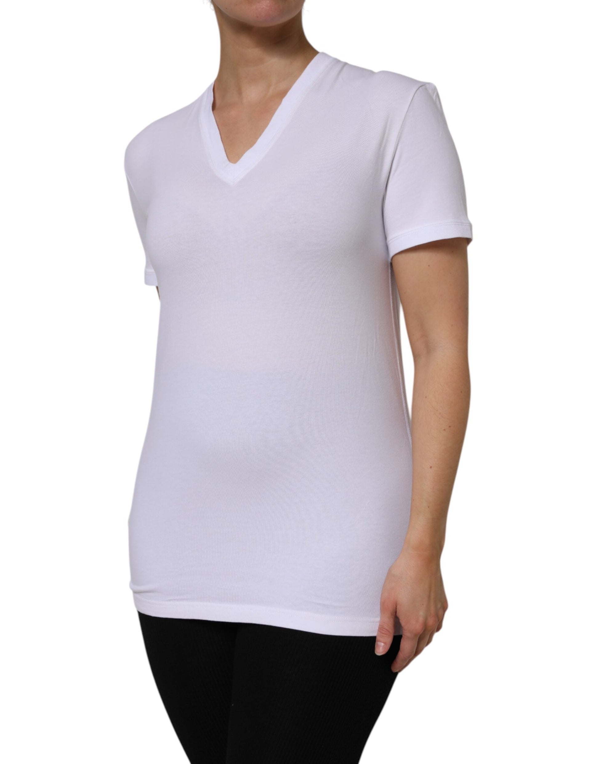 White Cotton Short Sleeves V-Neck Top T-shirt-Dolce & Gabbana-LabelTerrace.com