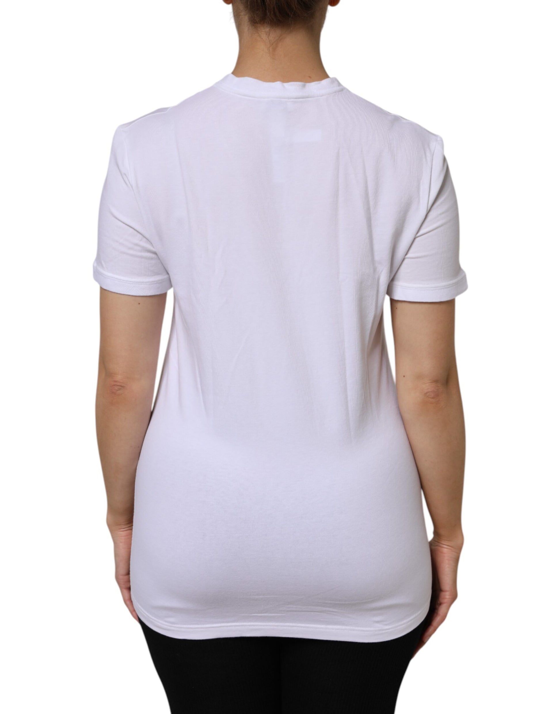 White Cotton Short Sleeves V-Neck Top T-shirt-Dolce & Gabbana-LabelTerrace.com