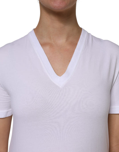 White Cotton Short Sleeves V-Neck Top T-shirt-Dolce & Gabbana-LabelTerrace.com