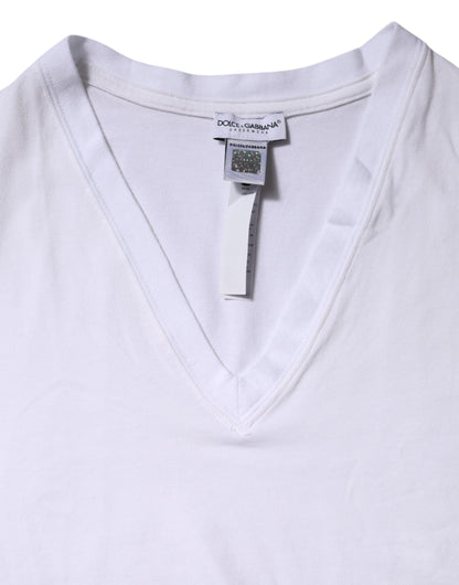 White Cotton Short Sleeves V-Neck Top T-shirt-Dolce & Gabbana-LabelTerrace.com