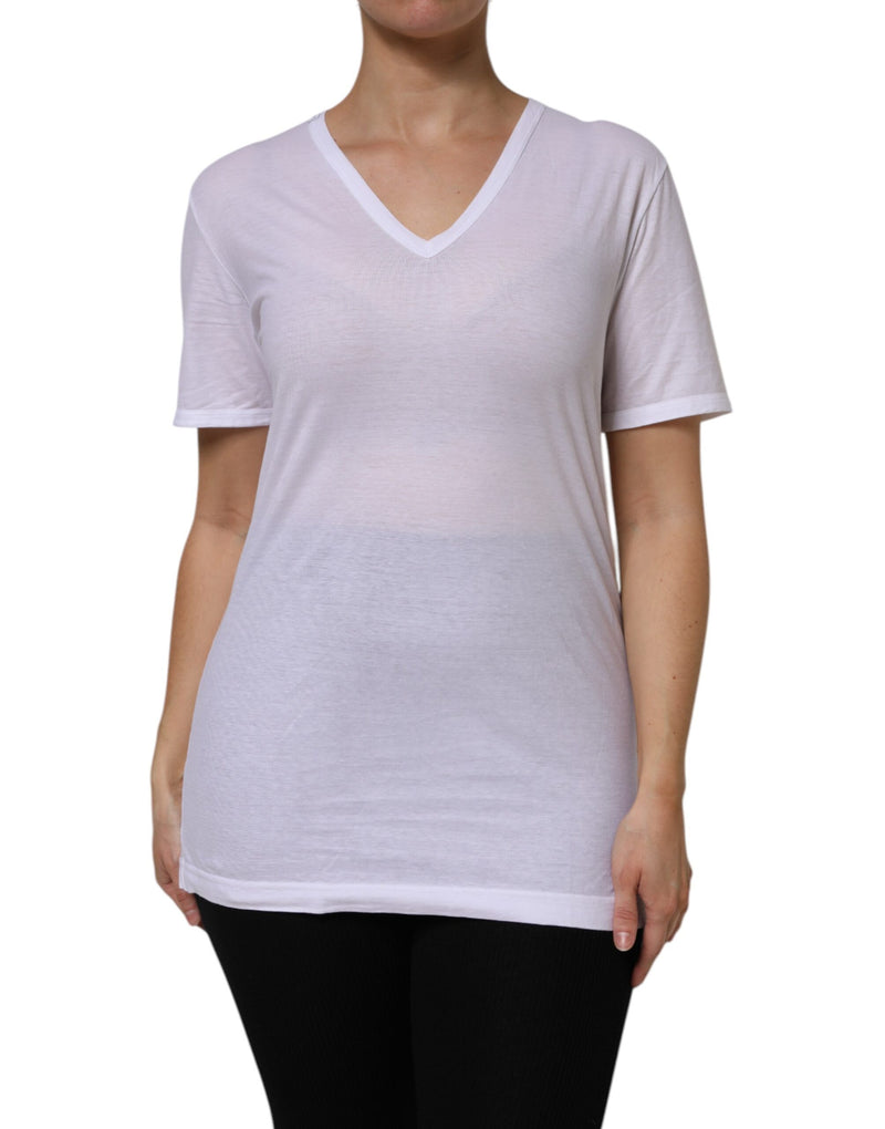 White Cotton Short Sleeves V-Neck Top T-shirt-Dolce & Gabbana-LabelTerrace.com