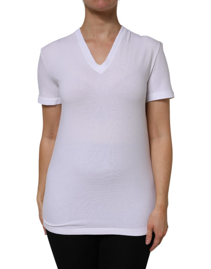 White Cotton Short Sleeves V-Neck Top T-shirt-Dolce & Gabbana-LabelTerrace.com