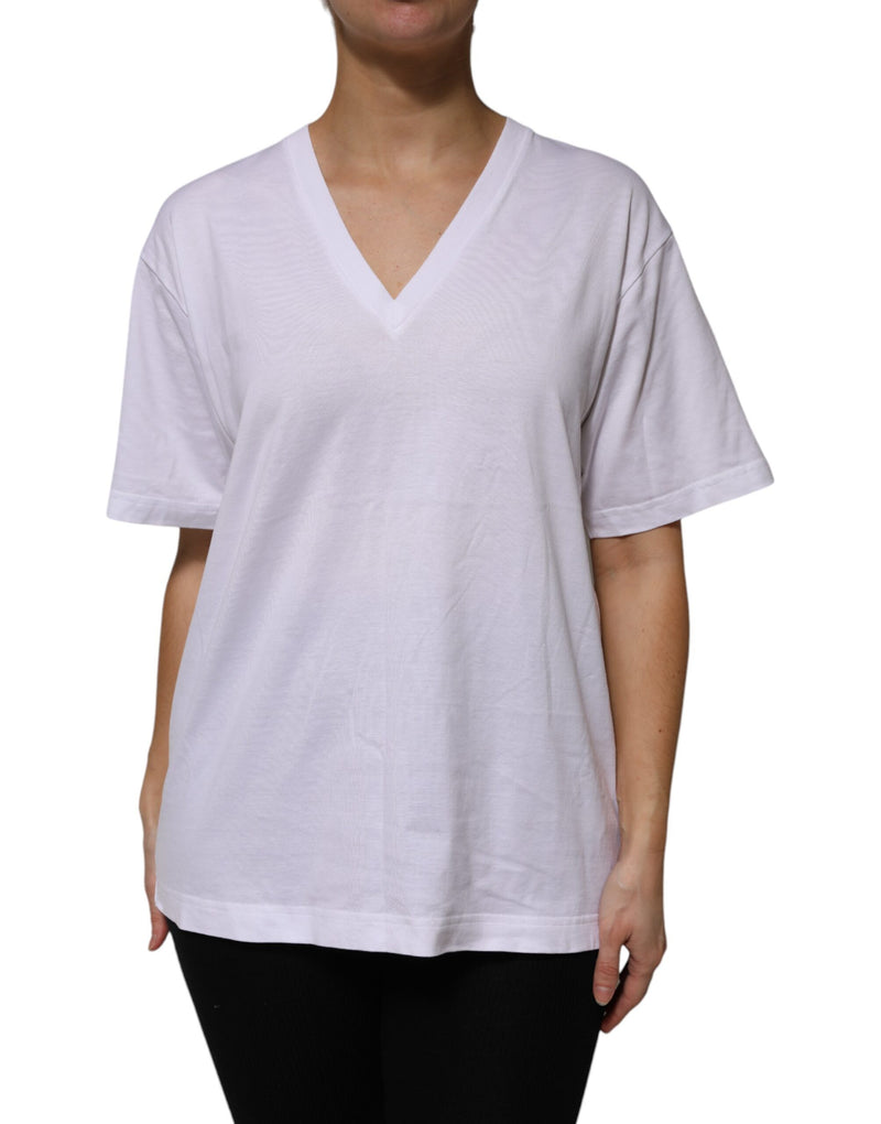 White Cotton Short Sleeves V-neck T-shirt-Dolce & Gabbana-LabelTerrace.com