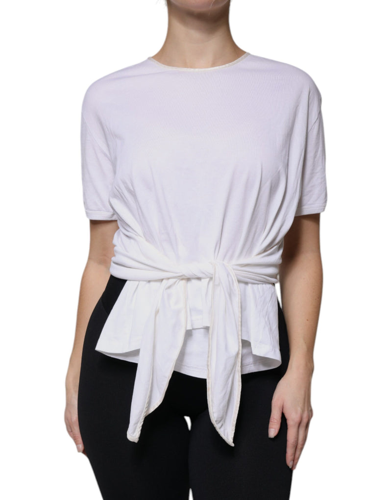 White Cotton Silk Round Neck Wrap Blouse Top-Dolce & Gabbana-LabelTerrace.com