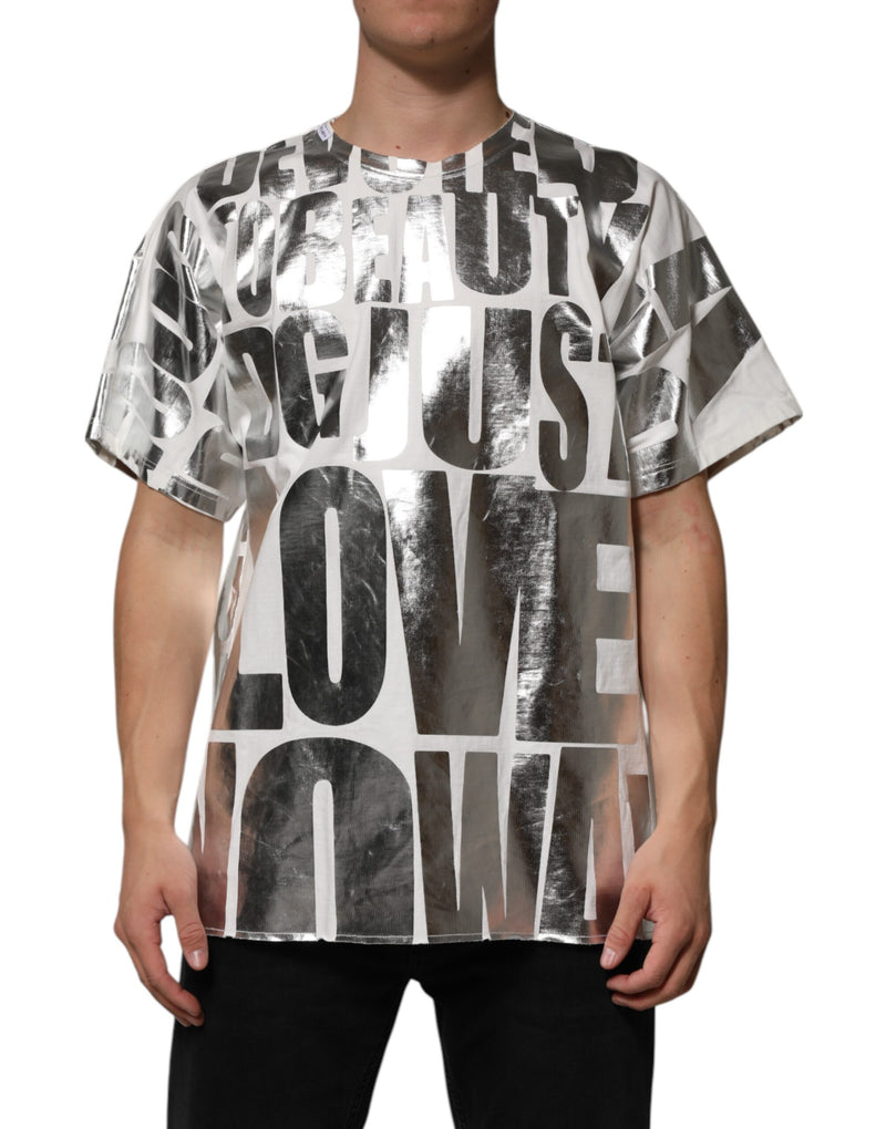 White Cotton Silver Metallic Slogan Print T-shirt-Dolce & Gabbana-LabelTerrace.com