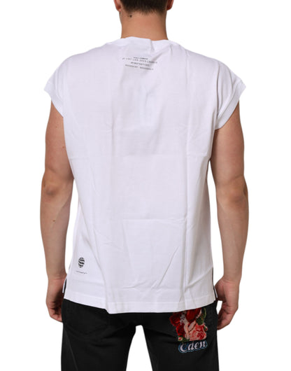 White Cotton Sleeveless Printed Tank T-shirt