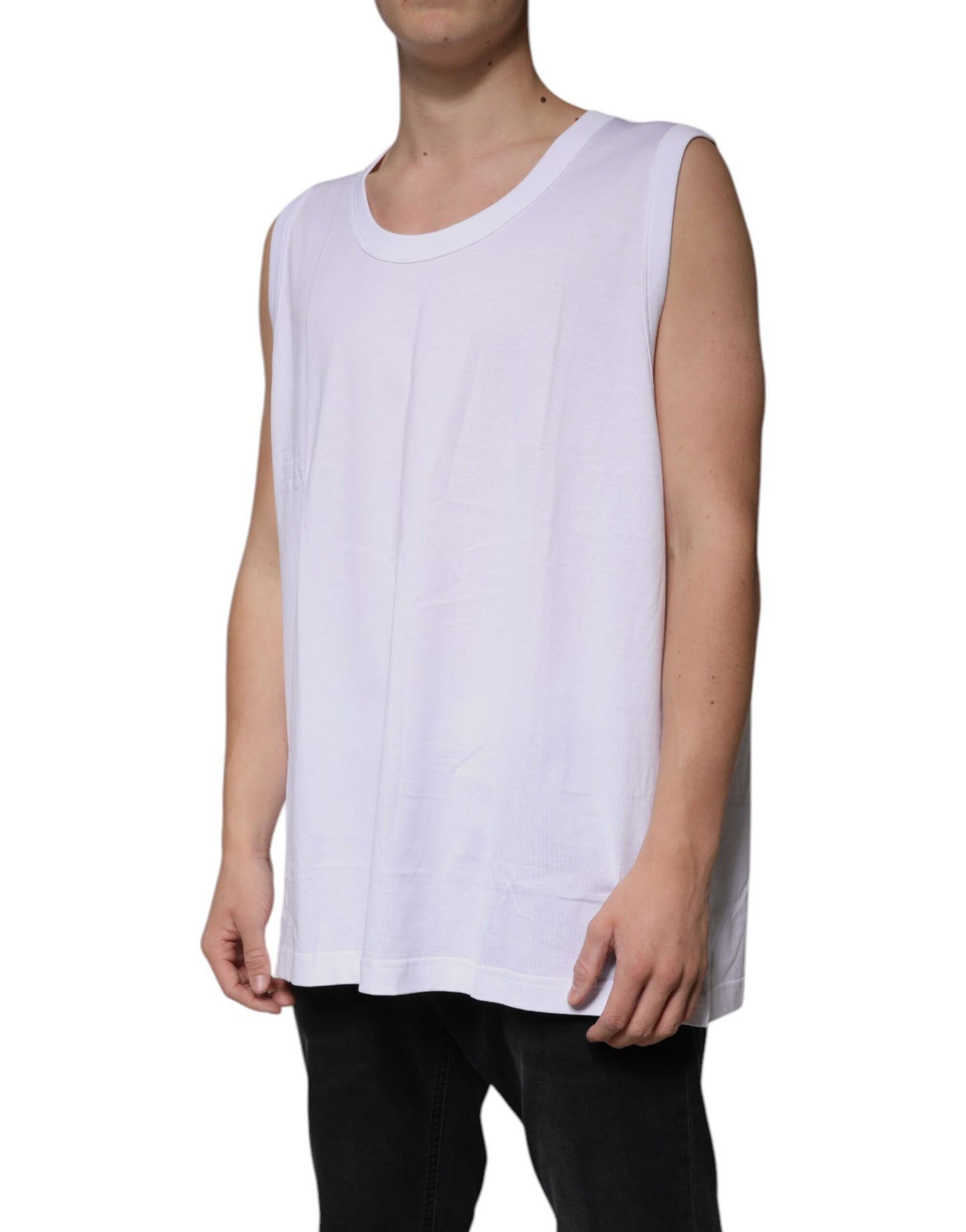 White Cotton Sleeveless Round Neck Tank T-shirt-Dolce & Gabbana-LabelTerrace.com
