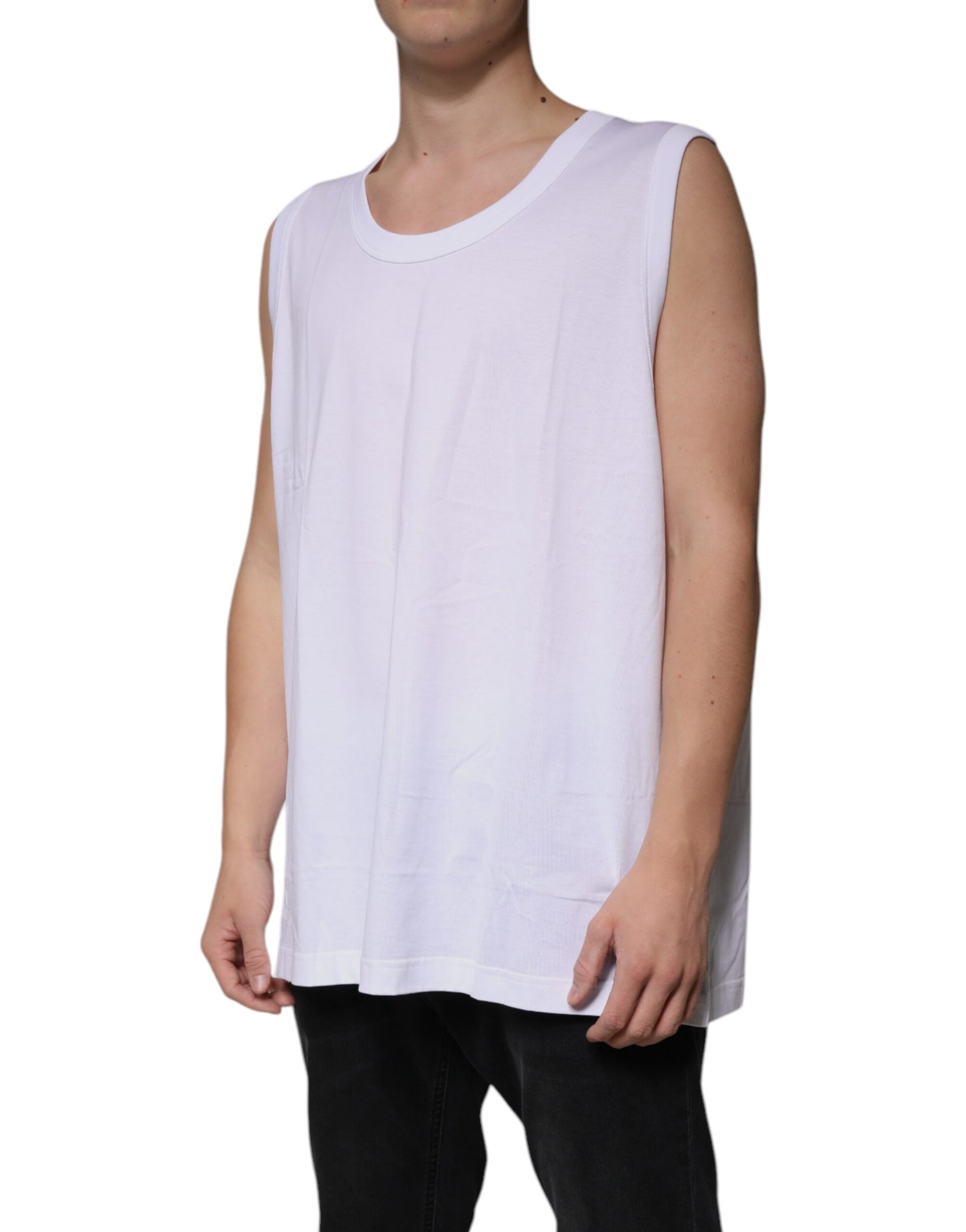 White Cotton Sleeveless Round Neck Tank T-shirt-Dolce & Gabbana-LabelTerrace.com