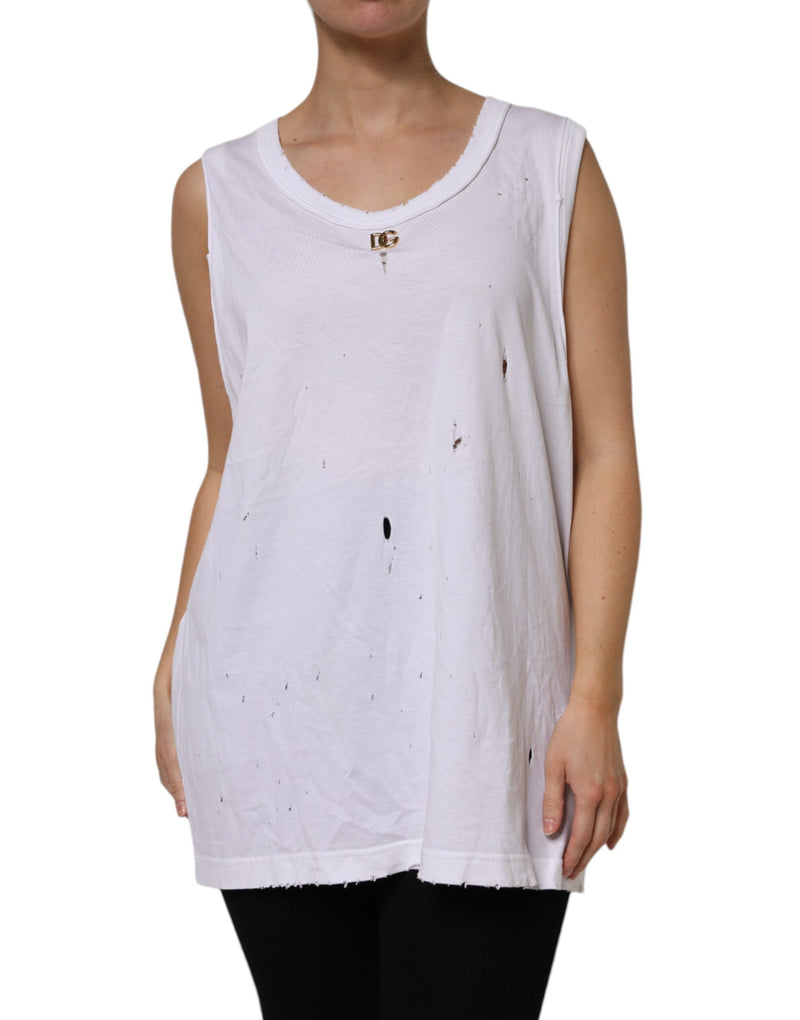White Cotton Sleeveless Round Neck Tank Top-Dolce & Gabbana-LabelTerrace.com