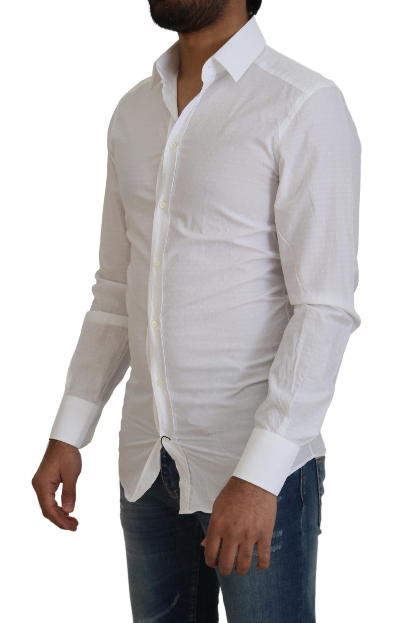 White Cotton Slim Fit Formal Dress GOLD Shirt-Dolce & Gabbana-LabelTerrace.com