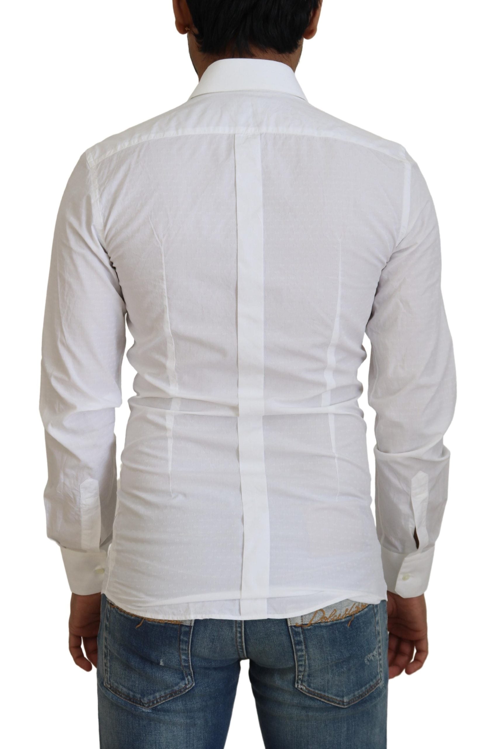 White Cotton Slim Fit Formal Dress GOLD Shirt-Dolce & Gabbana-LabelTerrace.com