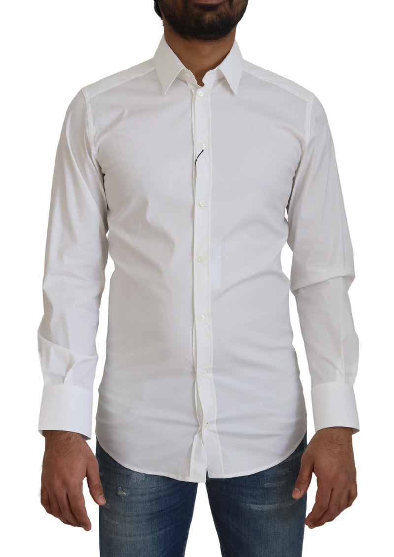 White Cotton Slim Fit Formal Dress GOLD Shirt-Dolce & Gabbana-LabelTerrace.com