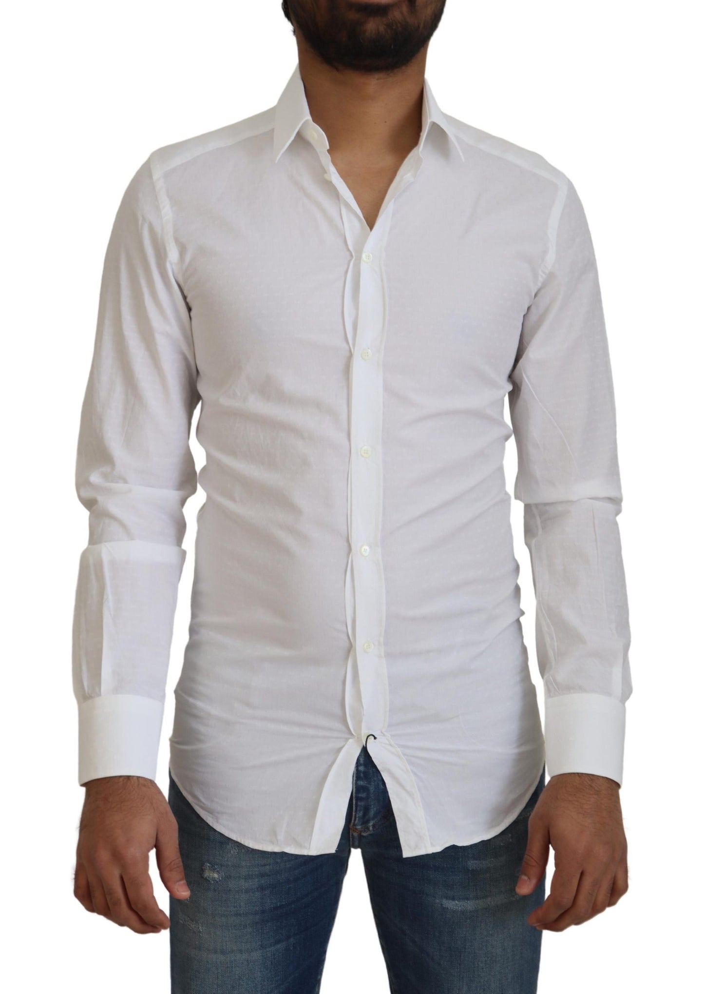 White Cotton Slim Fit Formal Dress GOLD Shirt-Dolce & Gabbana-LabelTerrace.com
