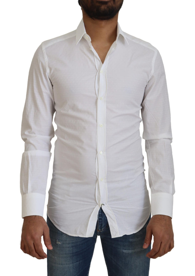 White Cotton Slim Fit Formal Dress GOLD Shirt-Dolce & Gabbana-LabelTerrace.com